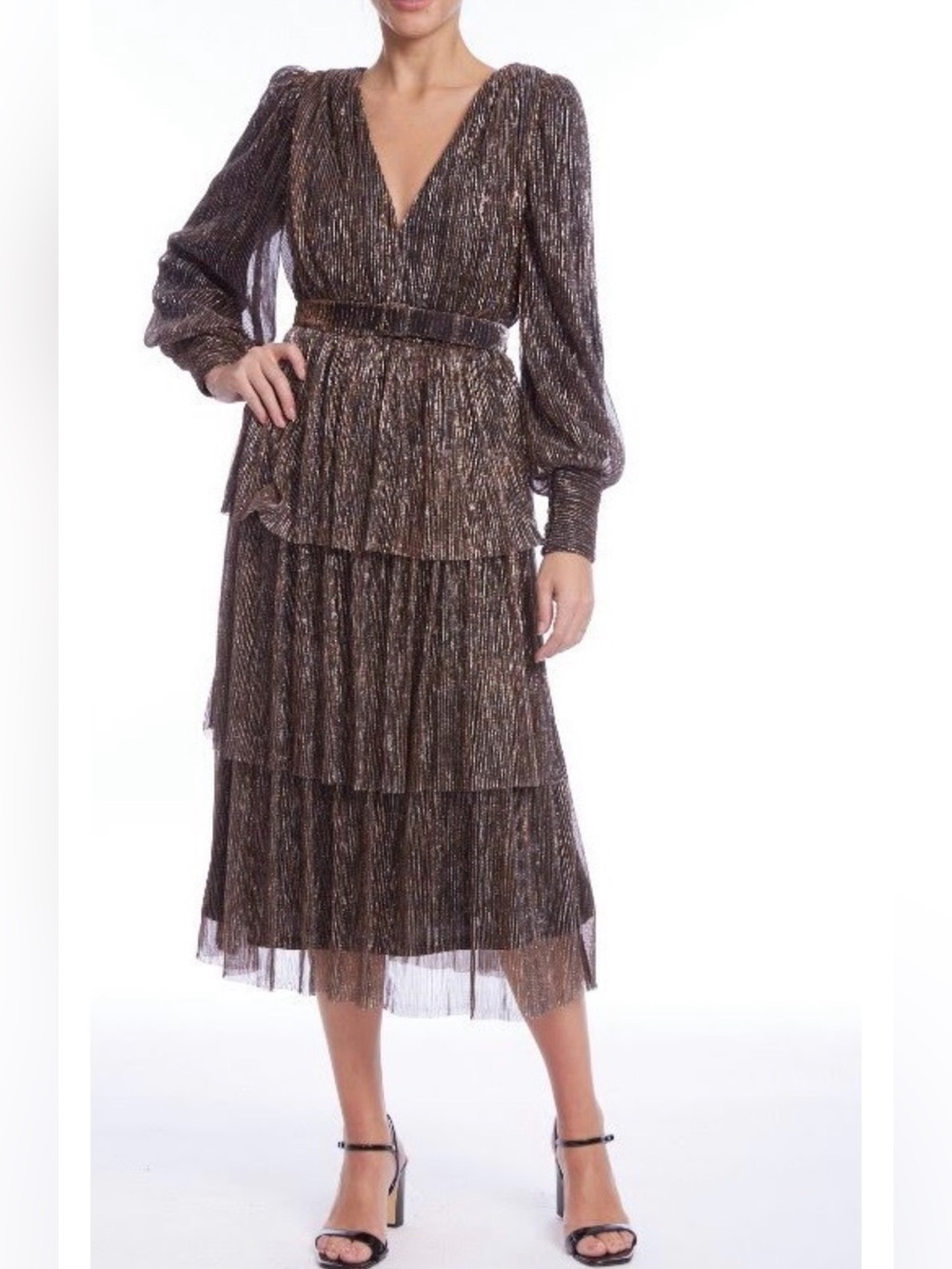 ✨ Jewel Badgley Mischka Copper Metallic Pleated Tiered Midi Dress NWT 0